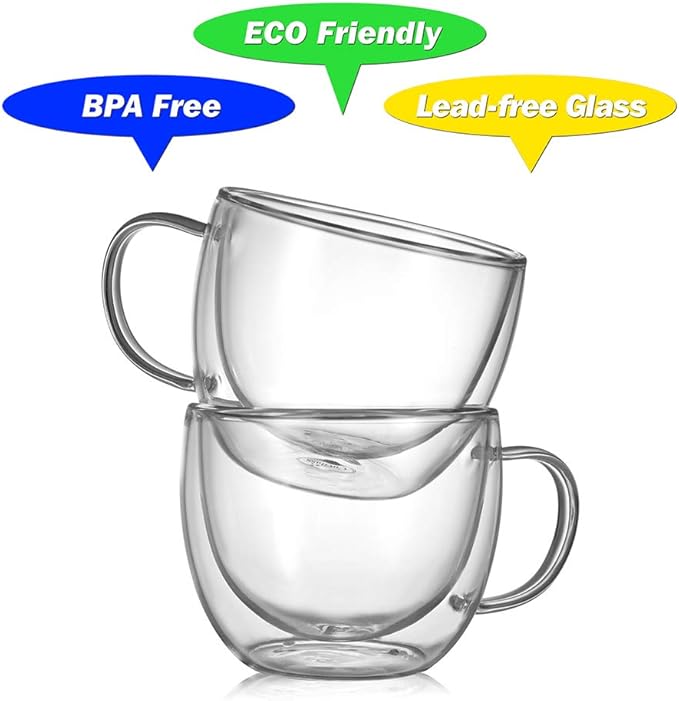 CNGLASS 8oz Double Wall Glass Coffee Mugs,Clear Insulated Espresso Glass Mugs with Handle for Latte,Cappuccino,Coffee,Set of 4 - Bloomnest