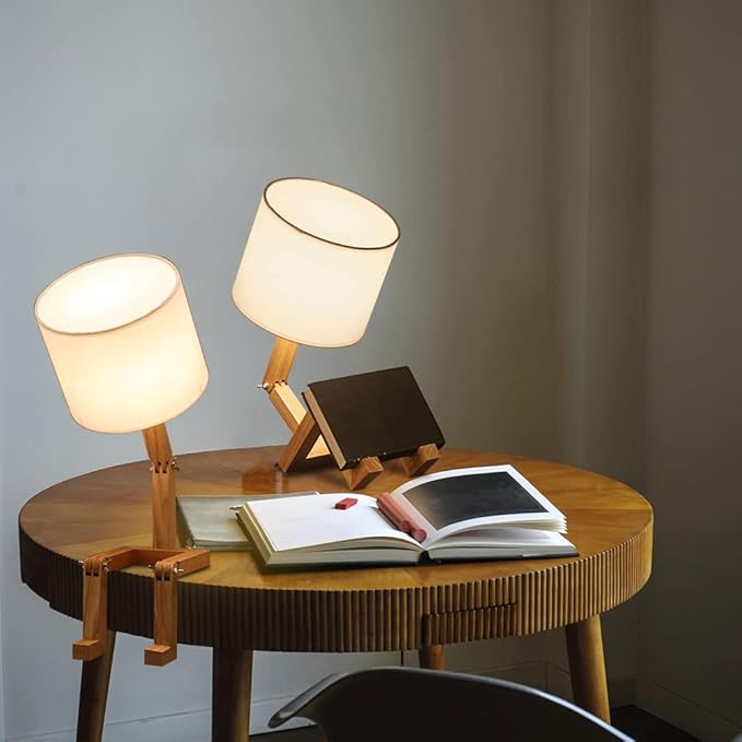ELINKUME Robot Desk Lamp Set of 2, Creative Bedside Lamp for Bedroom,Wooden Lamp Body Adjustable,DIY E26 Living Room Table Lamps with Fabric Shade,Modern Indoor Decorative Lighting, TB-QBT005-WHM2 - Bloomnest