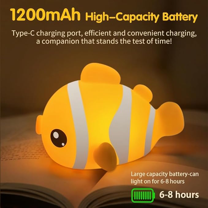 Clownfish Night Light for Kids Nursery - Adorable Ocean-Themed Silicone Baby Light with 3-Level Dimmable LED, Portable Toddler Sleep Lamp for Bedroom, Kids Room, Baby Shower & Birthday Gift - Bloomnest