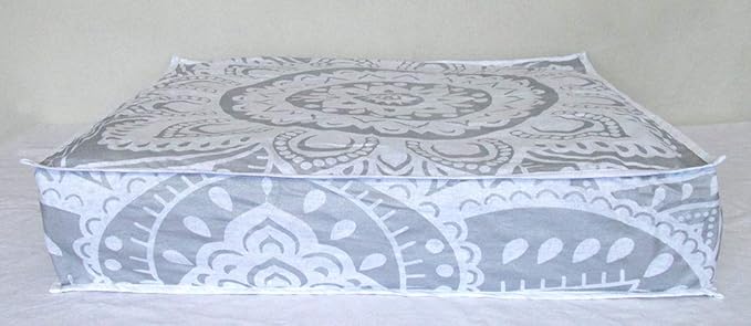 24" White Silver Flower Mandala Barmeri Large Floor Pillow Cover Cushion Meditation Seating Ottoman Throw Cover Hippie Decorative Zipped Bohemian Pouf Ottoman Pom Pom Cases (Silver, 24 " square) - Bloomnest