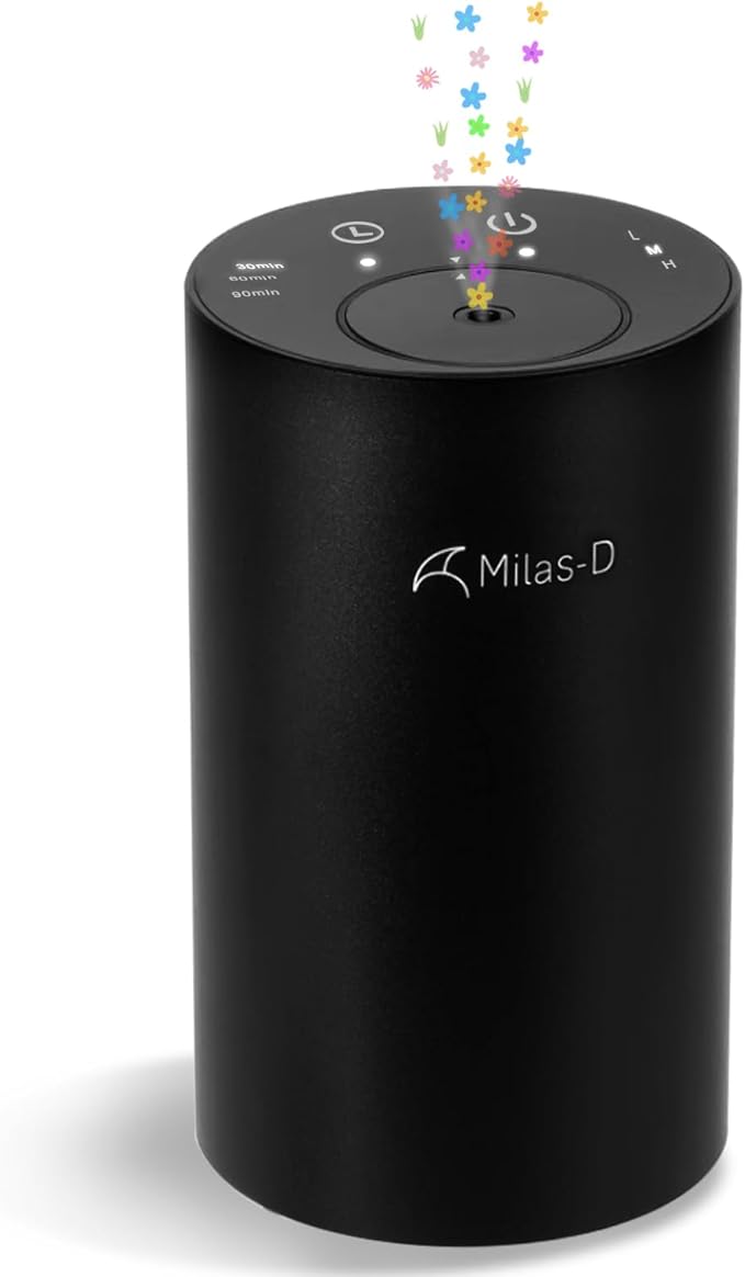 Waterless Essential Oil Diffuser, Battery Operated Nebulizer with 3-Timers & 3 Mist Levels, 0.7 fl.oz./20ml, Mini Scent Air Machine, Home Car Office Studio, Portable & Rechargeable, Milas-D, Black - Bloomnest