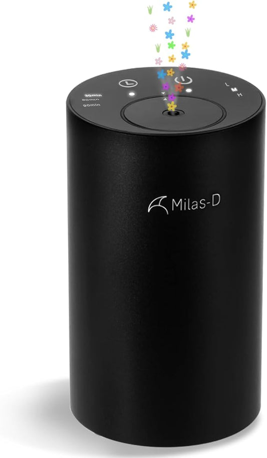 Waterless Essential Oil Diffuser, Battery Operated Nebulizer with 3-Timers & 3 Mist Levels, 0.7 fl.oz./20ml, Mini Scent Air Machine, Home Car Office Studio, Portable & Rechargeable, Milas-D, Black - Bloomnest