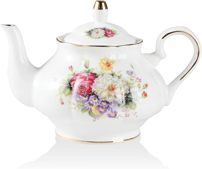 Sweejar Ceramic Teapot with Infuser, Floral Relief Gold Rimmed Teapot, 29 OZ Porcelain Tea Pot for Blooming and Loose Tea, Coffee...(Flower Style) - Bloomnest