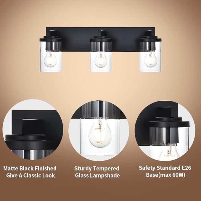 BONLICHT Modern 3-Light Vanity Light Fixture Black Bathroom Wall Light Over Mirror with Clear Glass Shade, Rustic Vintage Wall Sconce Lighting Farmhouse Wall Mounted Lamp for Powder Room Hallway - Bloomnest