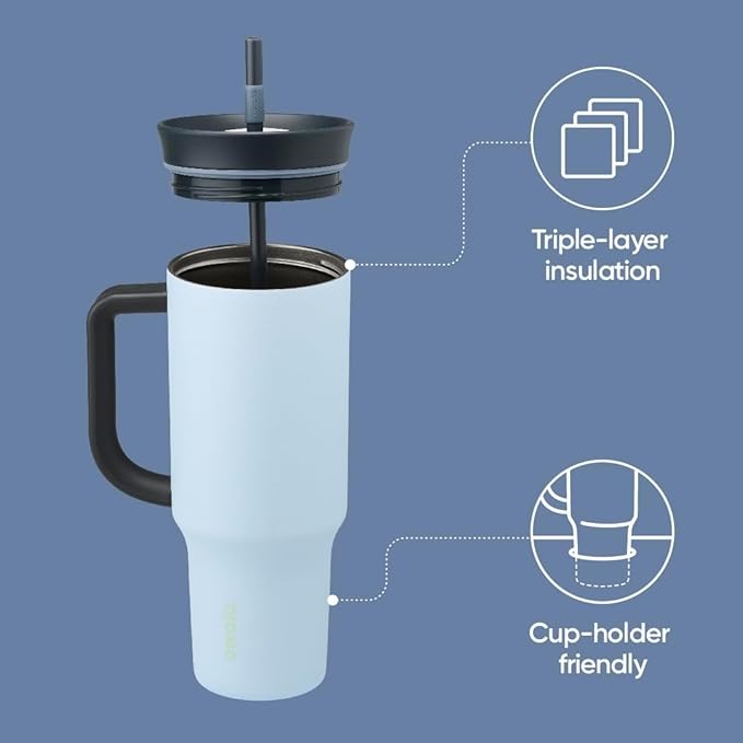 Owala Stainless Steel Triple Layer Insulated Travel Tumbler with Spill Resistant Lid, Straw, and Carry Handle, BPA Free, 40 oz, Blue (The Great Blue) - Bloomnest