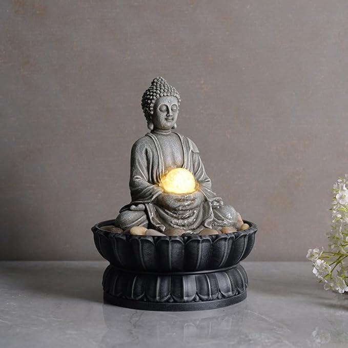 Kalona Tabletop Buddha Waterfall Fountain, Meditating Buddha Zen Fountain with LED Glass Orb, Relaxing Desk Water Feature for Home Office Decor(21127B) - Bloomnest