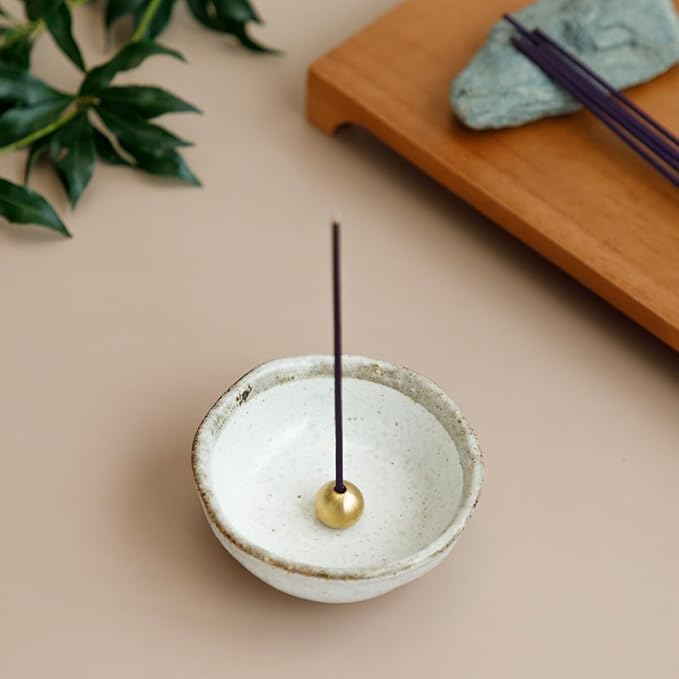 Asayu Japanese Small Mini Incense Holder for Sticks 3.3 inch (83mm), Made in Japan Ceramic Ash Catcher and Brass Incense Burner Set for Yoga, Meditation (Small Pearl Incense Holder) - Bloomnest