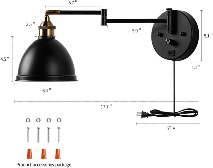 Swing Arm Wall Sconces, Plug-in Wall lamp,Bedroom Wall lamp ， White Fabric Shade，，with dimmable Switch and USB Charging Port, Suitable for Bedside, Living Room, Reading (Metallic Black) - Bloomnest