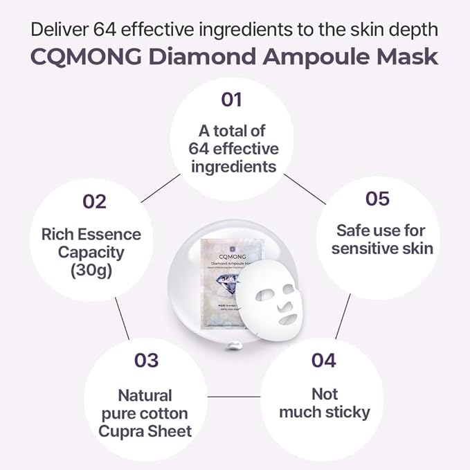 Diamond Ampoule Sheet Mask (30g x 10pcs), Korean Face Facial Masks, Glossy & Elastic Skin, Hydrating, Soothing, Nourishing, Collagen & Hyaluronic Acid, Smooth Sheet - Bloomnest