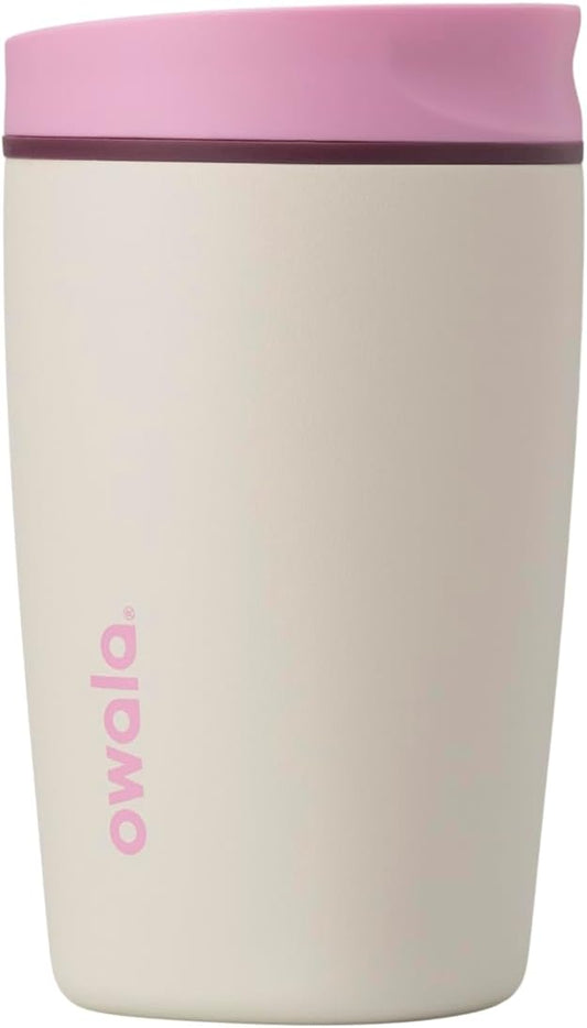 Owala SmoothSip Slider Insulated Stainless Steel Coffee Tumbler, Reusable Iced Coffee Cup, Hot Coffee Travel Mug, BPA Free 12 oz, Pink/Tan (Daybreak)