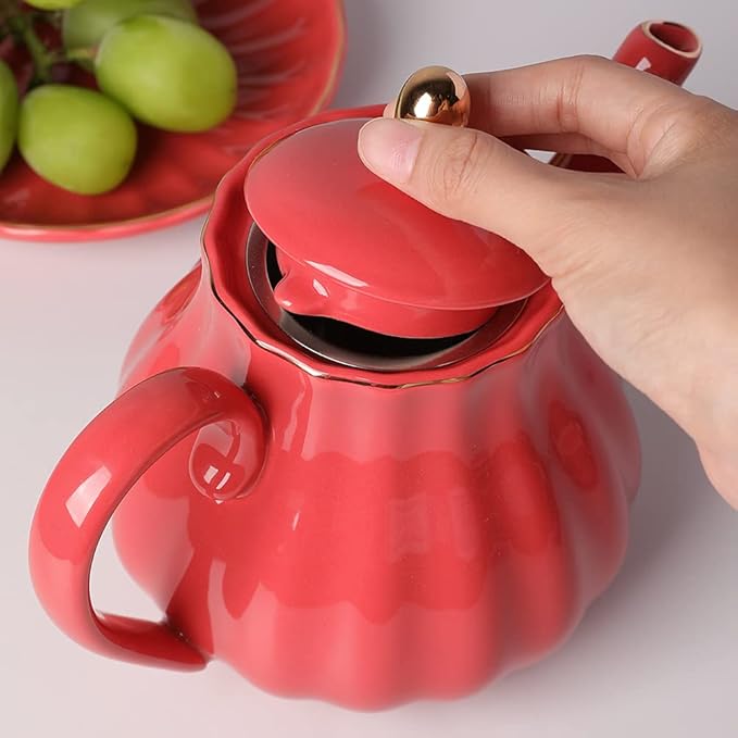 Sweejar Royal Teapot, Ceramic Tea Pot with Removable Stainless Steel Infuser, Blooming & Loose Leaf Teapot - 28 Ounce(Red) - Bloomnest