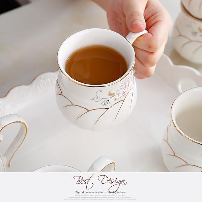 14-Pieces Porcelain Teapot Set Ceramic Coffee Cup Teacup with Gold Spoon Tea Party Tray Holder Gift Sets - Bloomnest