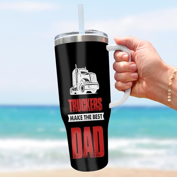 Personalized Trucker Dad Tumbler 40oz with Handle and Straw, Custom Semi Truck Design with Kids’ Names, Gift for Truck Driver Papa or Grandpa for Father’s Day, Birthday or Christmas - Bloomnest