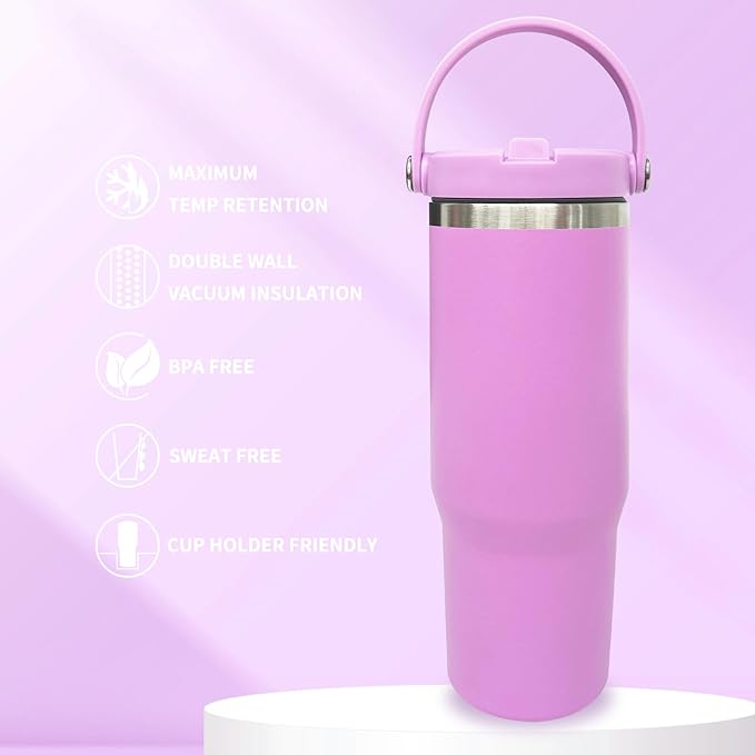 30 oz Tumbler Bulk with Top Handle, Double Wall Vacuum Insulated Tumbler with Flip Straw, Travel Coffee Mug 30oz Powder Coated Cup for Laser Engraving (Purple,8 pack) - Bloomnest