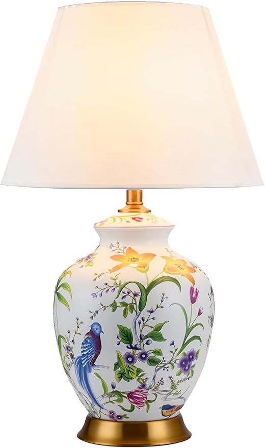 22.44' Flower and Bird Ceramic Table Lamp - White Chinoiserie Design for Bedroom, Living Room and More - Bloomnest