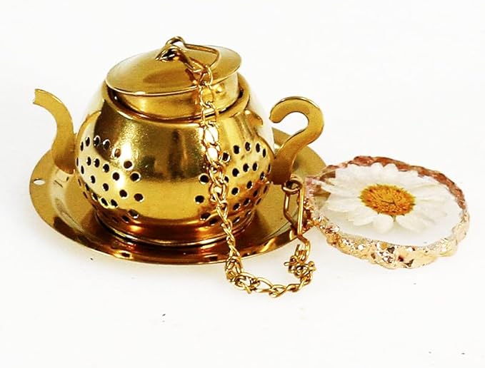 Tea Infuser with Real Daisy Flower in Resin Pendant with Gold Rim Stainless Steel Tea Infuser for loose tea leaf steeper Tea Strainer (Cup not included) (A)