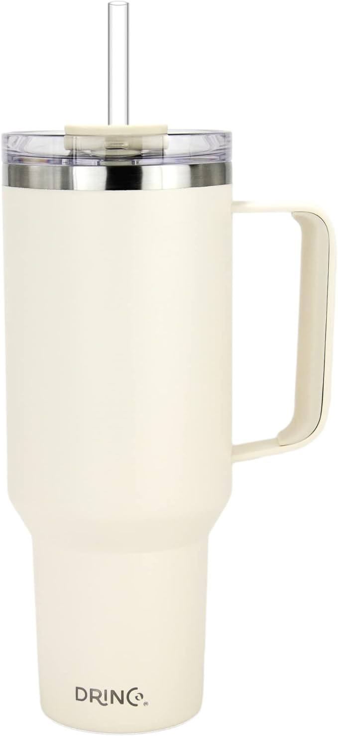 Drinco 40oz 30 oz Tumbler with Handle, Straw Lid, Insulated Stainless Steel Travel Mug Water Bottle Ice Coffee Cup For Cold and Hot, BigSur (40oz Oatmilk)