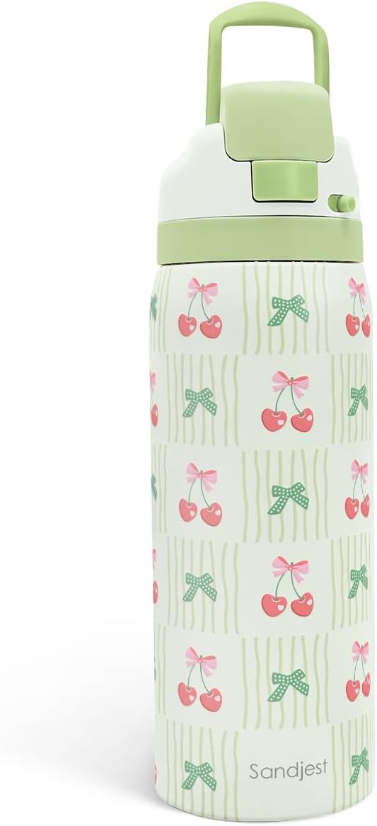Cherry Stainless Steel Water Bottle, Vacuum Insulated, Push-Button Lid, 32 oz, Gifts for Women Girls Friends Teens Birthday Christmas SANDJEST