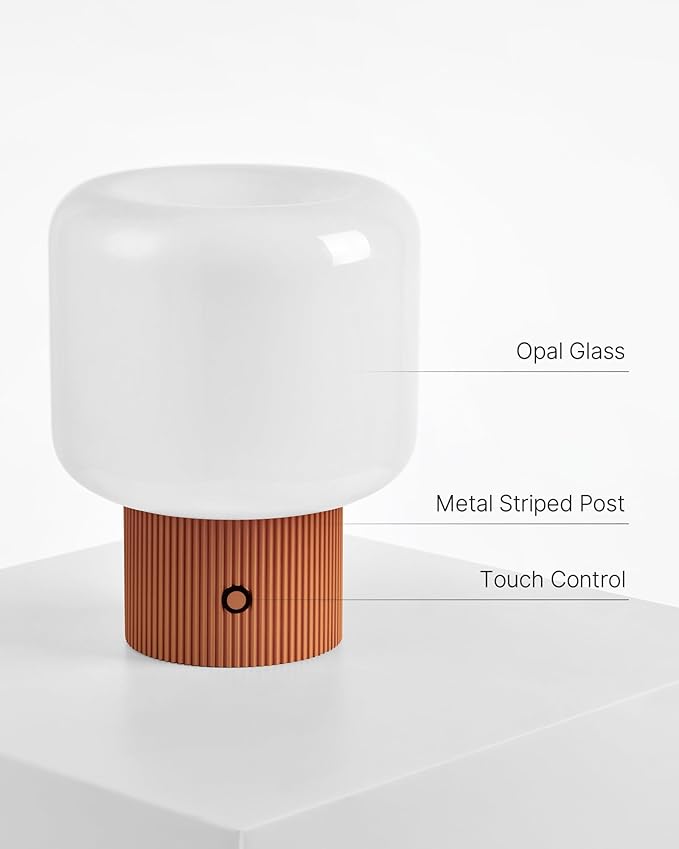 Halo Mushroom Lamp, 5W Cute Cordless Rechargeable Table Lamp with Glass Shade, 3-Color Dimmable Small Retro Touch Bedside Lamp for Bedroom Ambient Decor (Orange) - Bloomnest