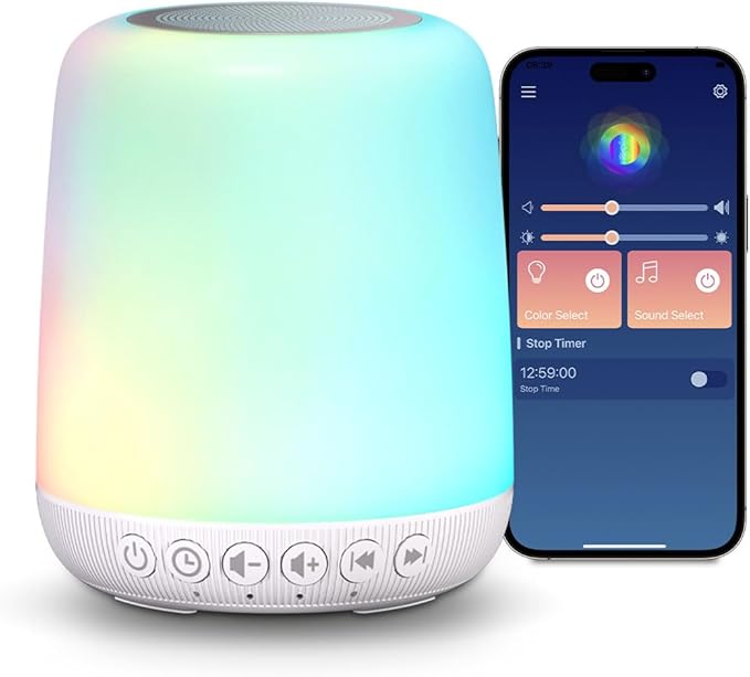 White Noise Sound Machine for Sleep Portable Sound Machine with 30 Soothing Sounds 12 Night Light Colors 4 Timer Sleep Machine for Baby Adults, Smart App Control, Touch Control - Bloomnest