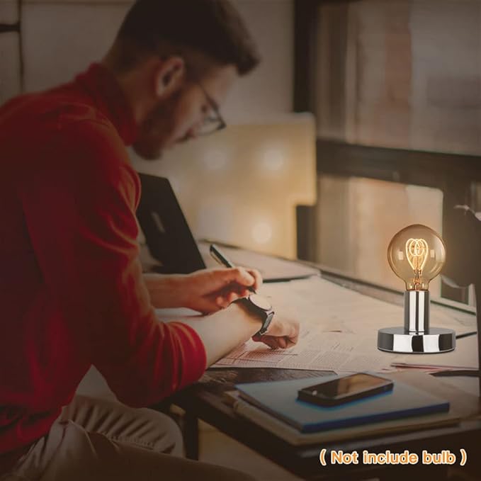 Helunsi Industrial Table Lamp Base, Silver E26 E27 Lamp Base Without Shade, Mini Short Desk Lamp Exposed Bulb Base, Simple Metal Edison Light Bulb Stand, with 5.8ft Cord Switch Plug Bulb Base Holder - Bloomnest