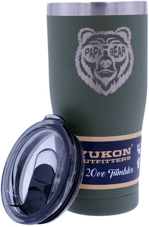 Yukon Outfitters Freedom High Grade 18/8 Corrosion-Resistant Stainless Steel Double Wall Vacuum Tumbler (20 oz/ 590ml) - 7.3" H x 3.4" Top dia. / 2.7" Bottom dia., Olive Drab with Papa Bear Shades - Bloomnest