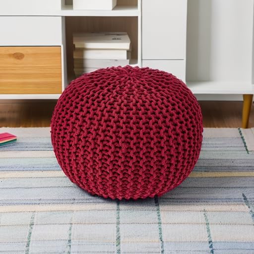 REDEARTH · Round Pouf Ottoman - Hand Knitted Cable Boho Poof - Foot Stool Bean Bag - Home Décor Stuffed Footrest for Living Room - Nursery - Bedroom - 100% Cotton Poufs (19.5"x19.5"x14") - Red - Bloomnest