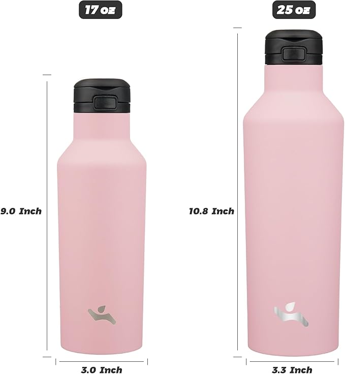 Insulated Water Bottle with Straw,17 OZ Double Wall Vacuum Stainless Steel Water Flask with 2 Lids,Pink - Bloomnest