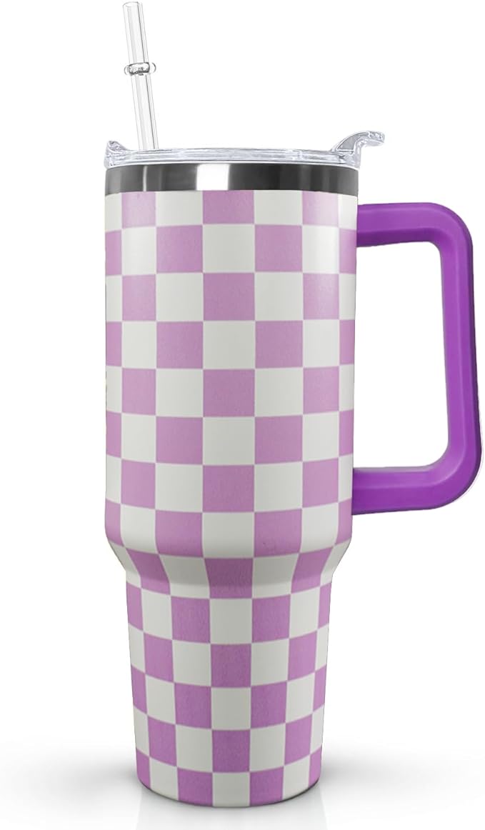 Ceovfoi 40 Oz Checkered Tumbler with Handle Lid and Straw, Purple Checkered Tumbler Water Bottle Travel Coffee Cup Mug,Checkered Gifts for Women - Bloomnest