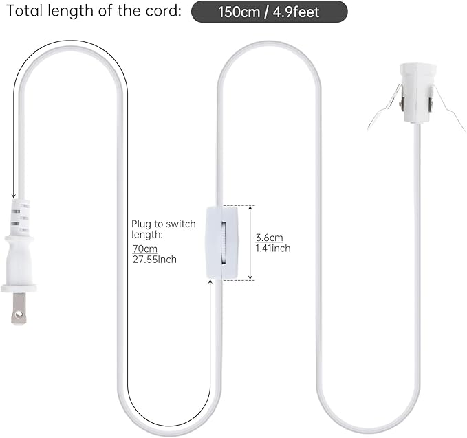 RTNLIT Salt Lamp Cord Replacement, Night Light Cord with E12 Light Bulb Socket Rotary Switch Plug for Christmas Village Accessories, Blow Mold Light Kit, Halloween Pumpkin Lights(White, 4.9 feet)