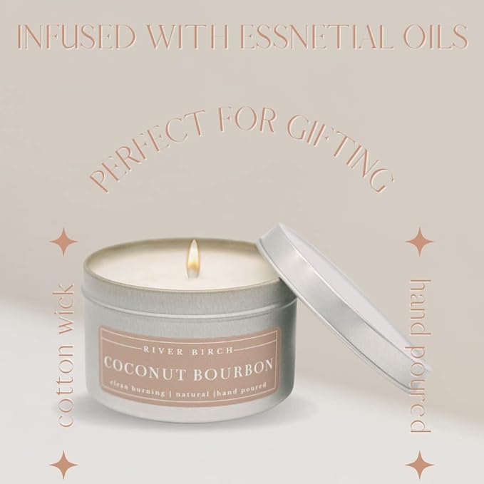 River Birch Premium All-Natural, Non-Toxic Soy Candle | 8 oz. Silver Tin Travel Candle | Cozy Relaxing Coconut Bourbon Scented Gifts for Home - Bloomnest