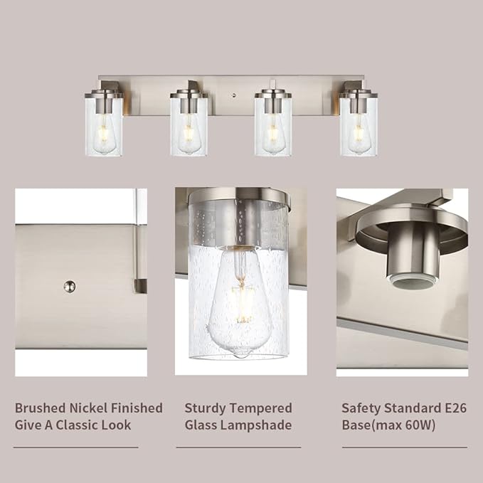 BONLICHT 4-Light Bathroom Light Fixtures Brushed Nickel Wall Sconce Lighting Modern Vanity Lights with Seeded Glass, Industrial Bathroom Farmhouse Wall Lamp for Mirror Kitchen Bedroom Living Room - Bloomnest