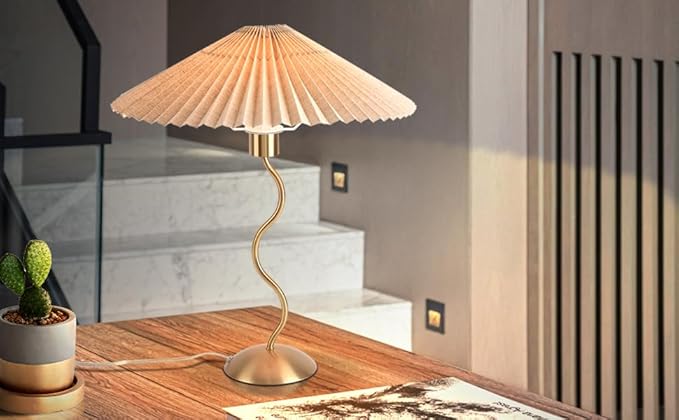 Gold Pleated Small Table Lamp, Brass Modern Bedside Table Lamp for Bedroom, Mini Pleated Lamp Shape, MCM Table Lamp Bedroom Bow Lamps for Nightstand - Bloomnest