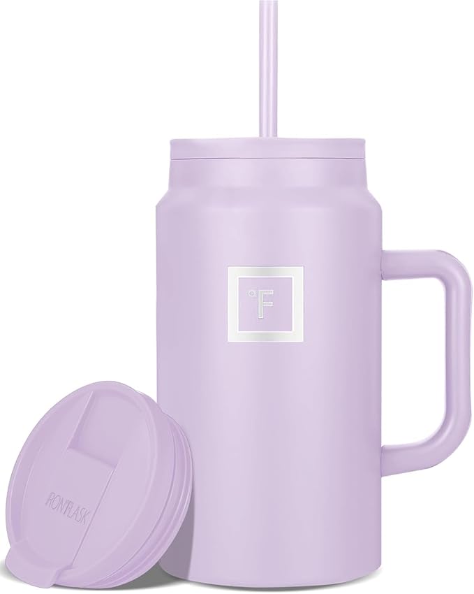 IRON °FLASK Co-Pilot Insulated Mug w/Straw & Flip Cap Lids - Cup Holder Bottle for Hot, Cold Drink - Leak-Proof - Water, Coffee Portable Travel Mug - Lavender, 50 Oz - Bloomnest