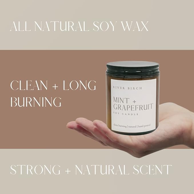 River Birch Candles Mint + Grapefruit Scented Candle | Premium, All-Natural, Non-Toxic, Soy Amber Jar Candles | 8.5oz 40 Hr Burn Time | Cozy Relaxing Gifts for Home - Bloomnest