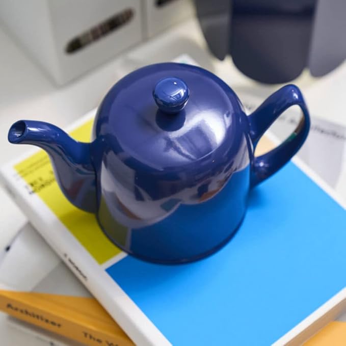 Degrenne Salam Luxury French Tea Pot - Porcelain Teapot with Stainless Steel Cover, Ceramic Tea Kettle for Loose Tea, Removable Infuser, 6 Cup Capacity, 36oz - Monochrome Blue - Bloomnest