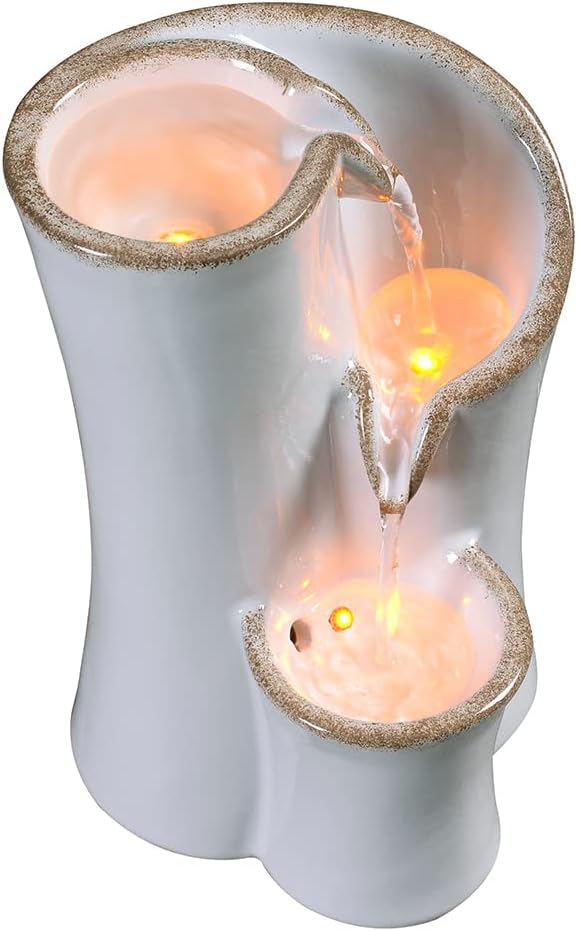 Haobos Indoor Water Fountain Imitation Ceramics Appearance Tabletop Fountain Relaxation Desktop Waterfall w/ 3 Reflective led, 9.8 Inch Tall Fountain (Grey) - Bloomnest
