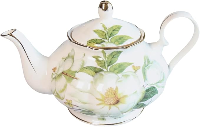 22oz Floral Ceramic Teapot – Vintage Gold Rim Porcelain Tea Pot for Loose Leaf, Blooming Tea & Coffee, Elegant Decorative Teapot for Tea Party, Flower Design (White Camellia) - Bloomnest
