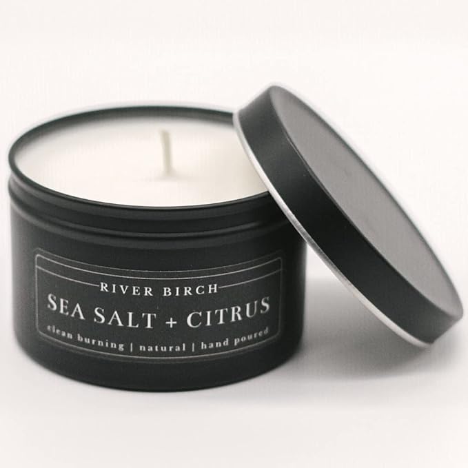 River Birch Candles Sea Salt + Citrus Scented Candle | Premium, All-Natural, Non-Toxic, Soy Candles | 8 oz. Black Matte Tin Travel Candle | Cozy Relaxing Gifts for Home - Bloomnest