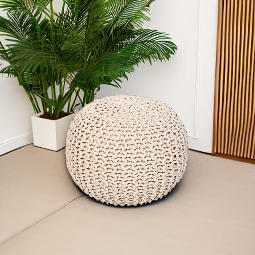 REDEARTH Round Pouf Ottoman - Cable Knitted Boho Poof - Home Décor Cord Pouffe Handmade Circular Footrest for Living Room - Bedroom - Kids Bedroom - 100% Cotton Pouf (19.5"x19.5"x14") - Ivory - Bloomnest