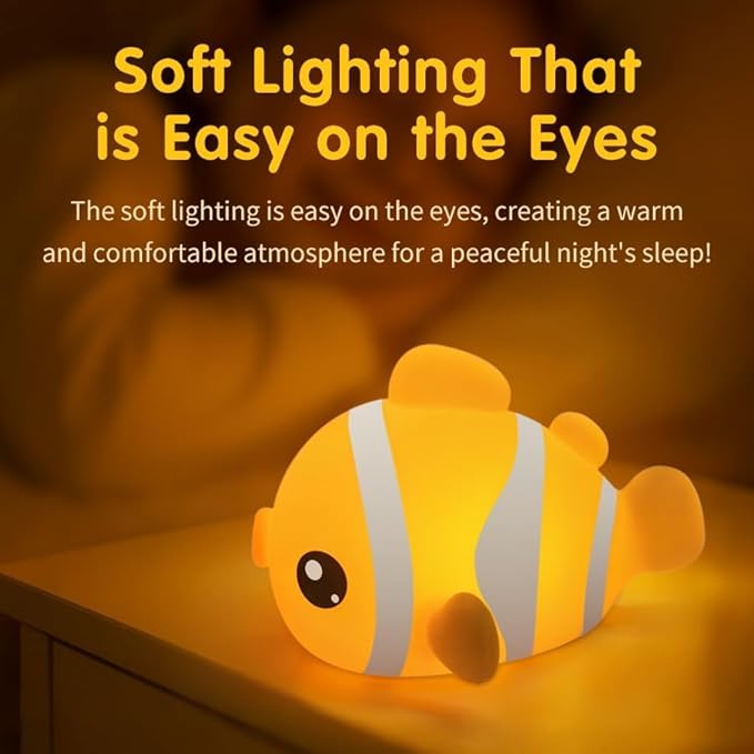 Clownfish Night Light for Kids Nursery - Adorable Ocean-Themed Silicone Baby Light with 3-Level Dimmable LED, Portable Toddler Sleep Lamp for Bedroom, Kids Room, Baby Shower & Birthday Gift - Bloomnest