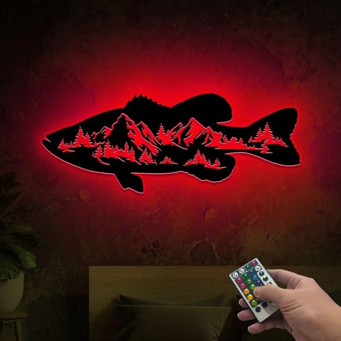 Personalized Neon Sign, Black Bass Mountain Metal Wall Art Led Light, Fishing Gifts for Men, Gift for Dad, Fish and Trees Sign, Cabin Lodge Decor, Fisherman Gift - Bloomnest