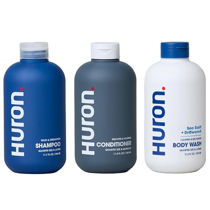 Huron Shower Kit - Shampoo, Conditioner, & Body Wash For Men - Sea Salt + Driftwood Scent - Hydrating & Nourishing Men’s Shampoo & Conditioner - Bloomnest