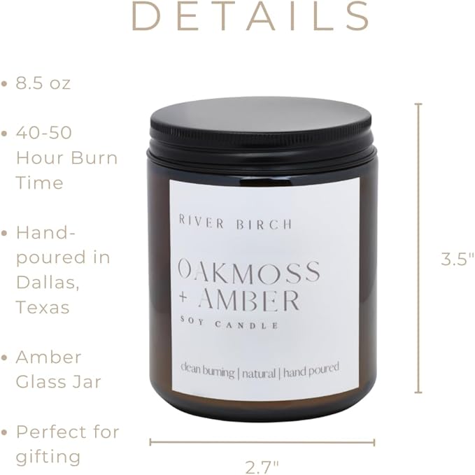 River Birch Candles Oakmoss + Amber Scented Candle | Premium, All-Natural, Non-Toxic, Soy Wax, Amber Jar | 8.5oz 40 Hr Burn Time | Cozy Relaxing Gifts for Home - Bloomnest
