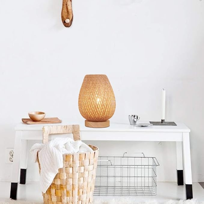 Bamboo Weaving Table Lamp with Handmade Natural Wooden Base, Eye-Caring Bedroom Bedside Night Light, Retro Desk Lamp Reading Light Home Decor, Unique Handicraft House Warmging Gift - Bloomnest
