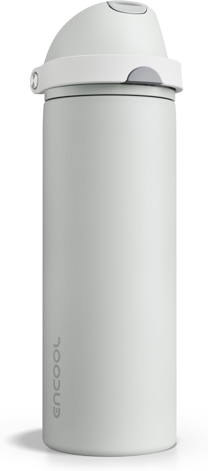 Insulated Water Bottle with Straw - Encool Stainless Steel Water Bottle with Push Button Lid, Leak-Proof & BPA-Free, Keeps Cold for 24 Hours for Sports, Travel, Gym (24 oz, Silver Grey) ENCOOL