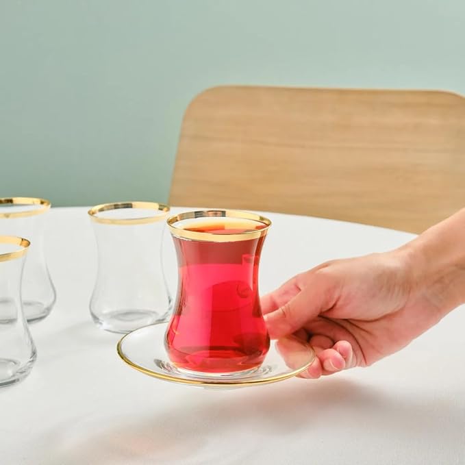 KARACA Sydney Glass Turkish Tea Set for 6 People, Gold, 12 Pieces Tea Service, 6 Turkish Tea Glasses with Saucers, Glass, 5.4 fl oz Tea Plates/Saucers - Bloomnest