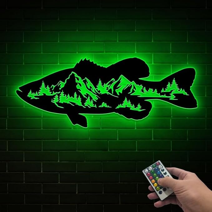Personalized Neon Sign, Black Bass Mountain Metal Wall Art Led Light, Fishing Gifts for Men, Gift for Dad, Fish and Trees Sign, Cabin Lodge Decor, Fisherman Gift - Bloomnest