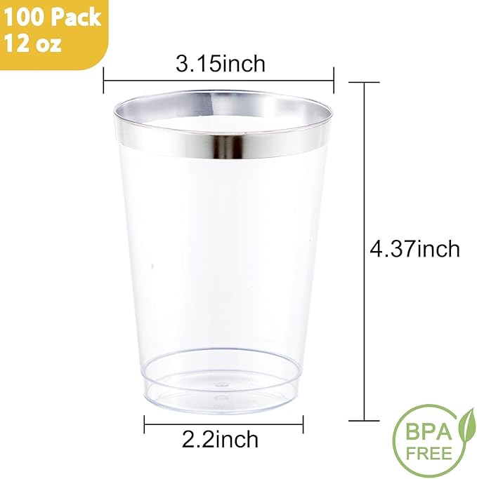 I00000 100 Pack 12 oz Silver Plastic Cups, Silver Rimmed Disposable Cups, Party Wine Glasses Cocktail Glasses Premium Cups with Silver Rim, 12 Ounce Plastic Tumblers For Party - Bloomnest