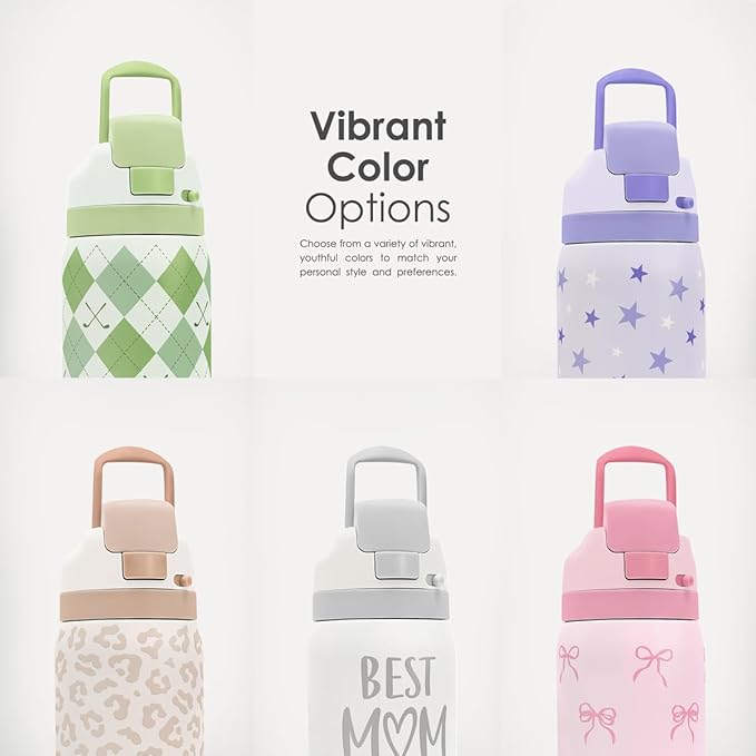 Heart Insulated Stainless Steel Water Bottle with Straw for Sports and Travel, 32oz, Gifts for Women Girls Friends Teens Birthday Christmas (Grid Background) - Bloomnest